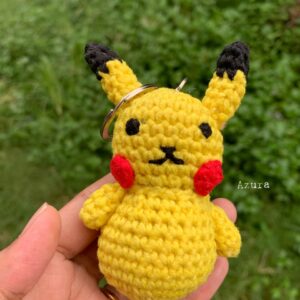 Pikachu crochet keychain handmade with yellow yarn and red cheeks