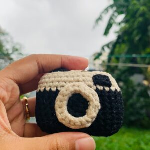 Handmade black and beige Crochet Camera Keychain