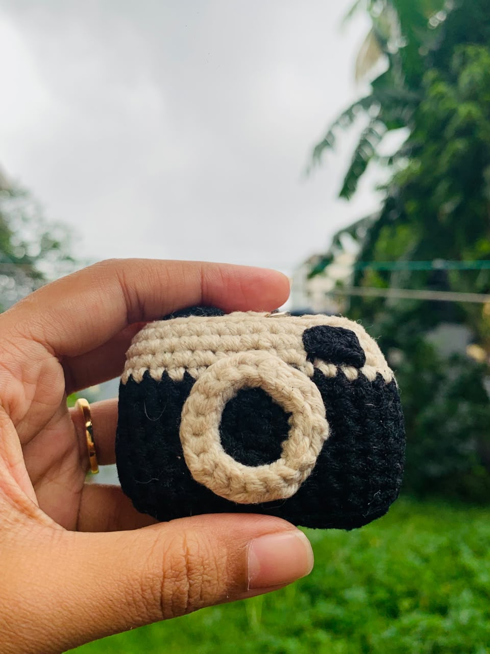 Handmade black and beige Crochet Camera Keychain