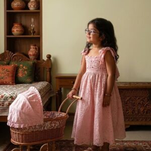Handmade crochet girls dress in blush pink with ribbon-tie shoulders and an eyelet-style skirt