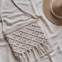 Macrame Crossbody Bag with hand-knotted geometric design and fringe