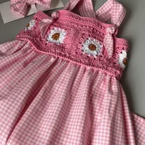 Pink Gingham Crochet Baby Dress with floral crochet panel