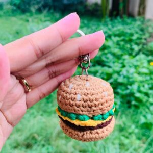 Crochet Burger Keychain handmade with colourful crochet layers and metal clasp