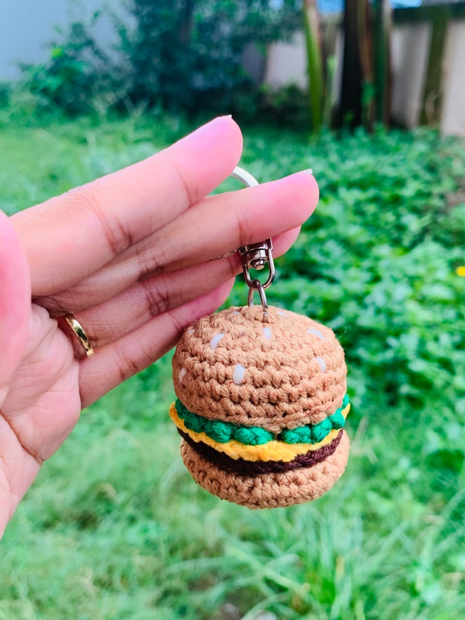 Crochet Burger Keychain handmade with colourful crochet layers and metal clasp